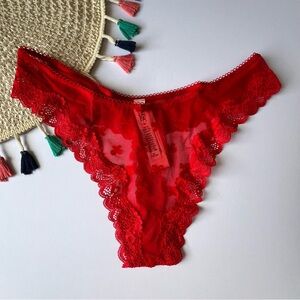 Victoria's Secret Tease Mesh Lace-Trim High-Leg Thong Panty Red w Bows XL NEW